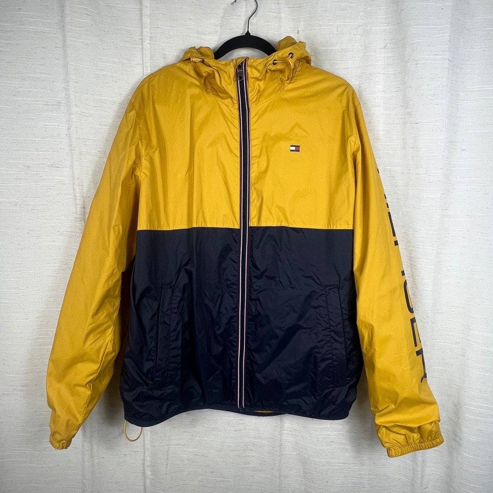 Tommy Hilfiger Yellow Navy Colorblock Hooded Windbreaker Jacket Mens Large